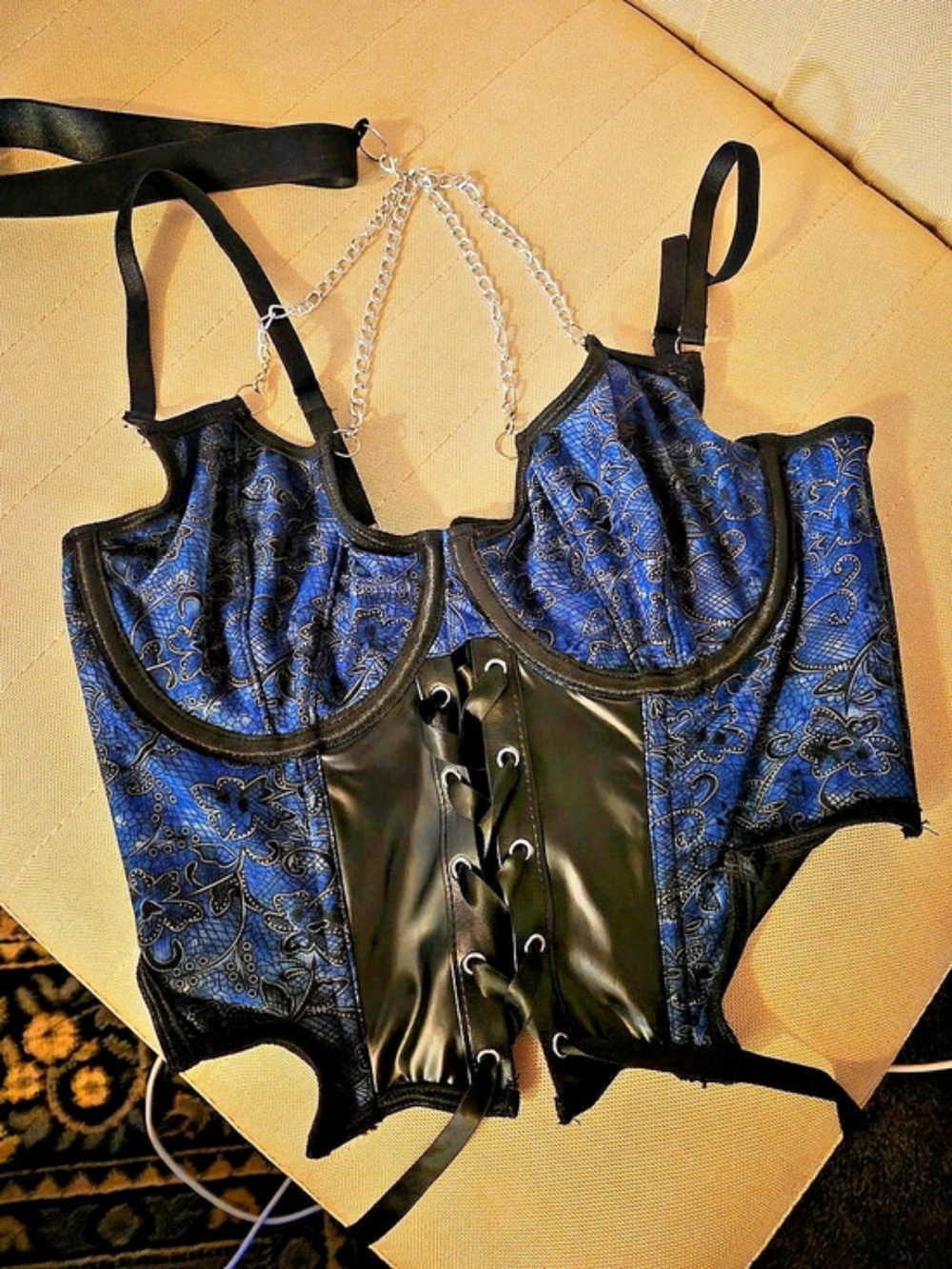 Blue & Black Paisley Lace-Up Corset Top Size Small Like New
